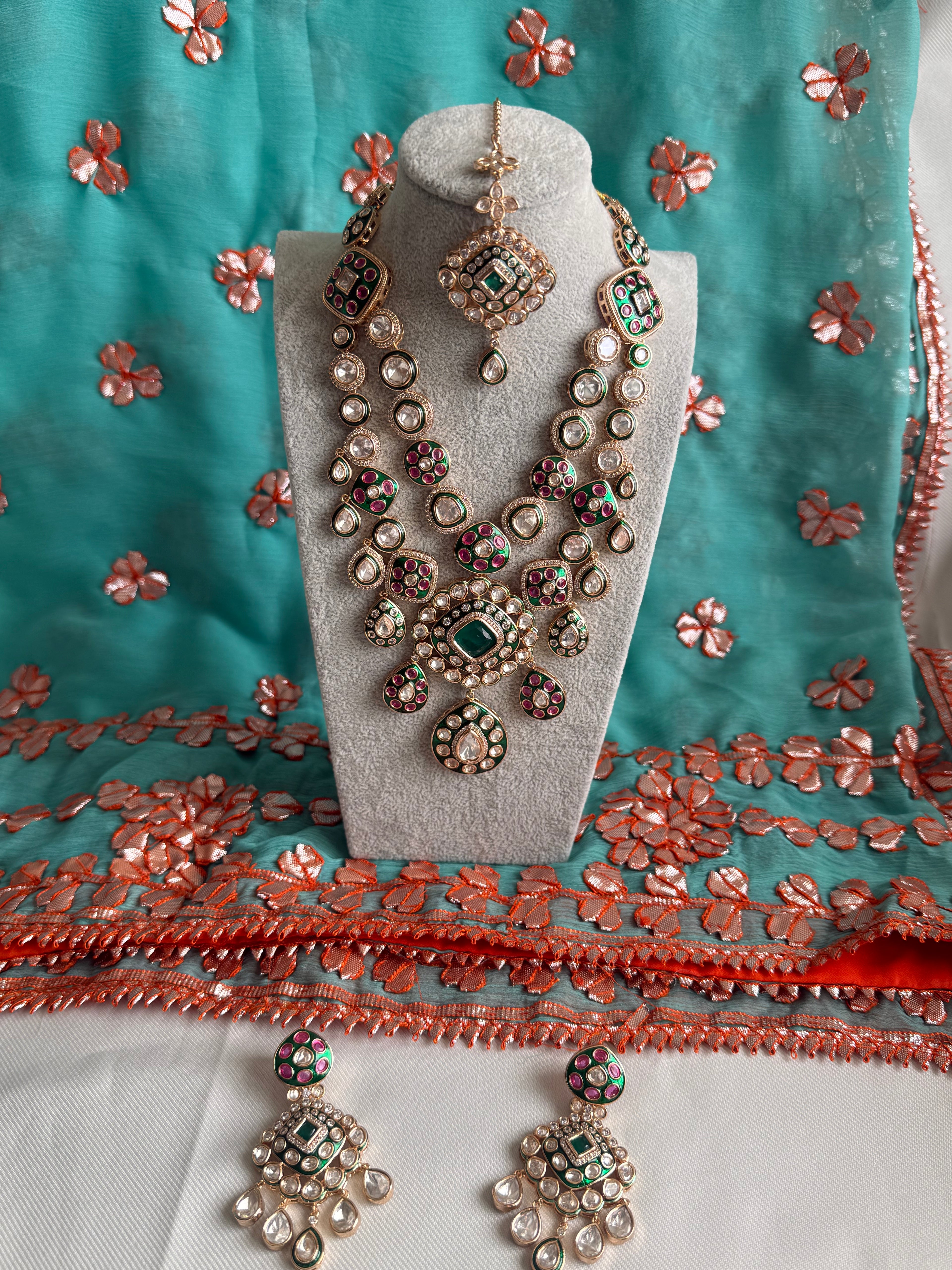 Kundan necklace with green & pink detailing w/ matching tikka & earrings