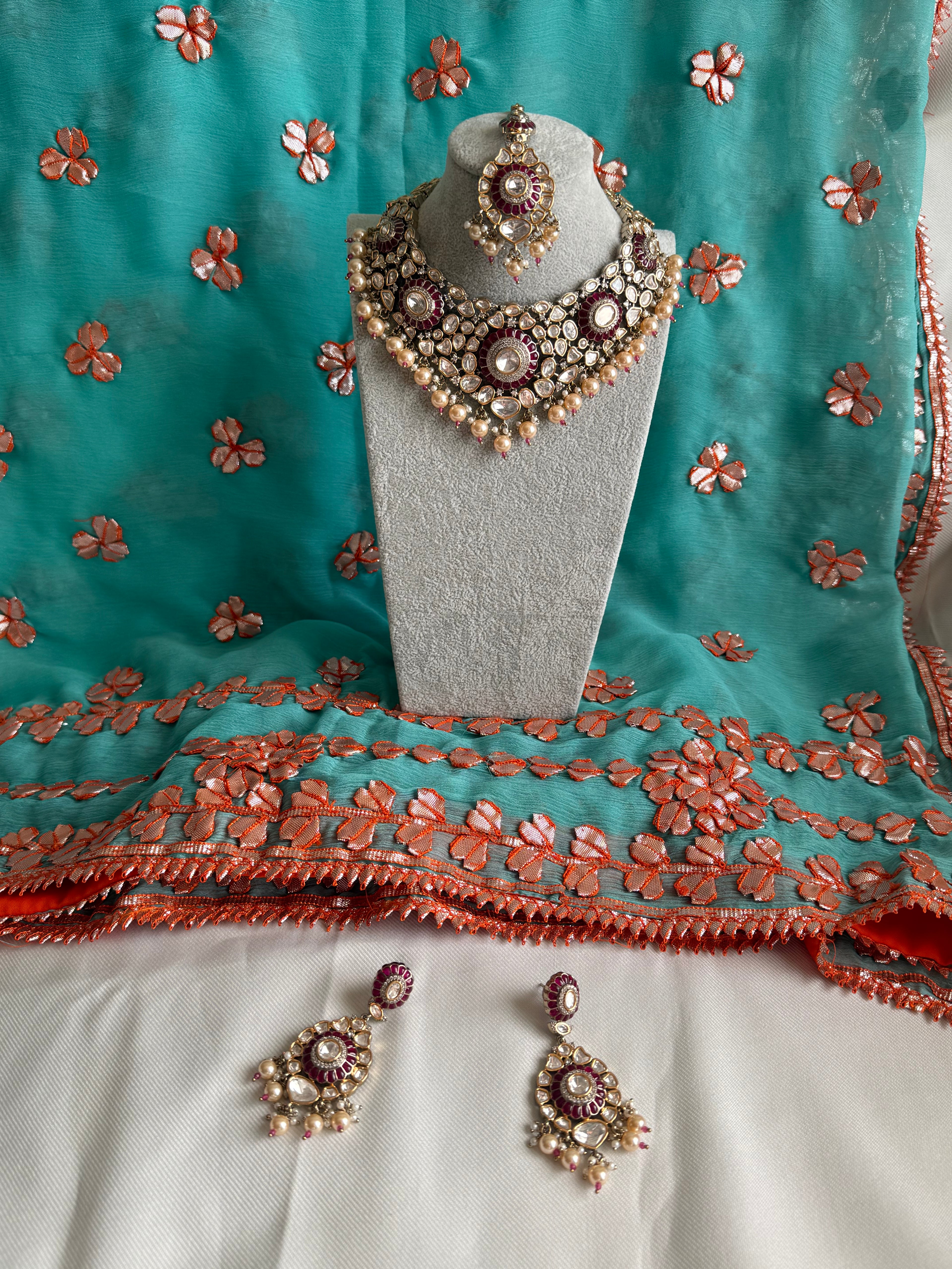 Kundan Necklace w/ White Pearls, Matching Tikka & Earrings