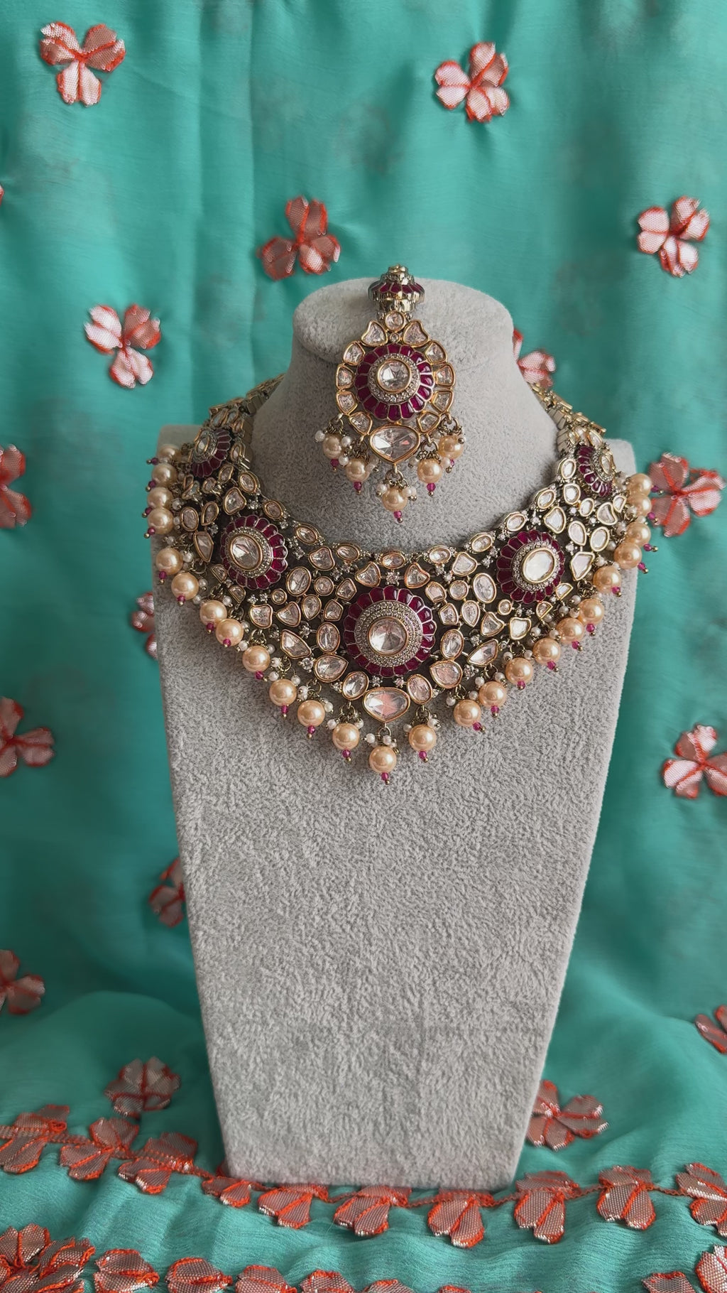 Kundan Necklace w/ White Pearls, Matching Tikka & Earrings