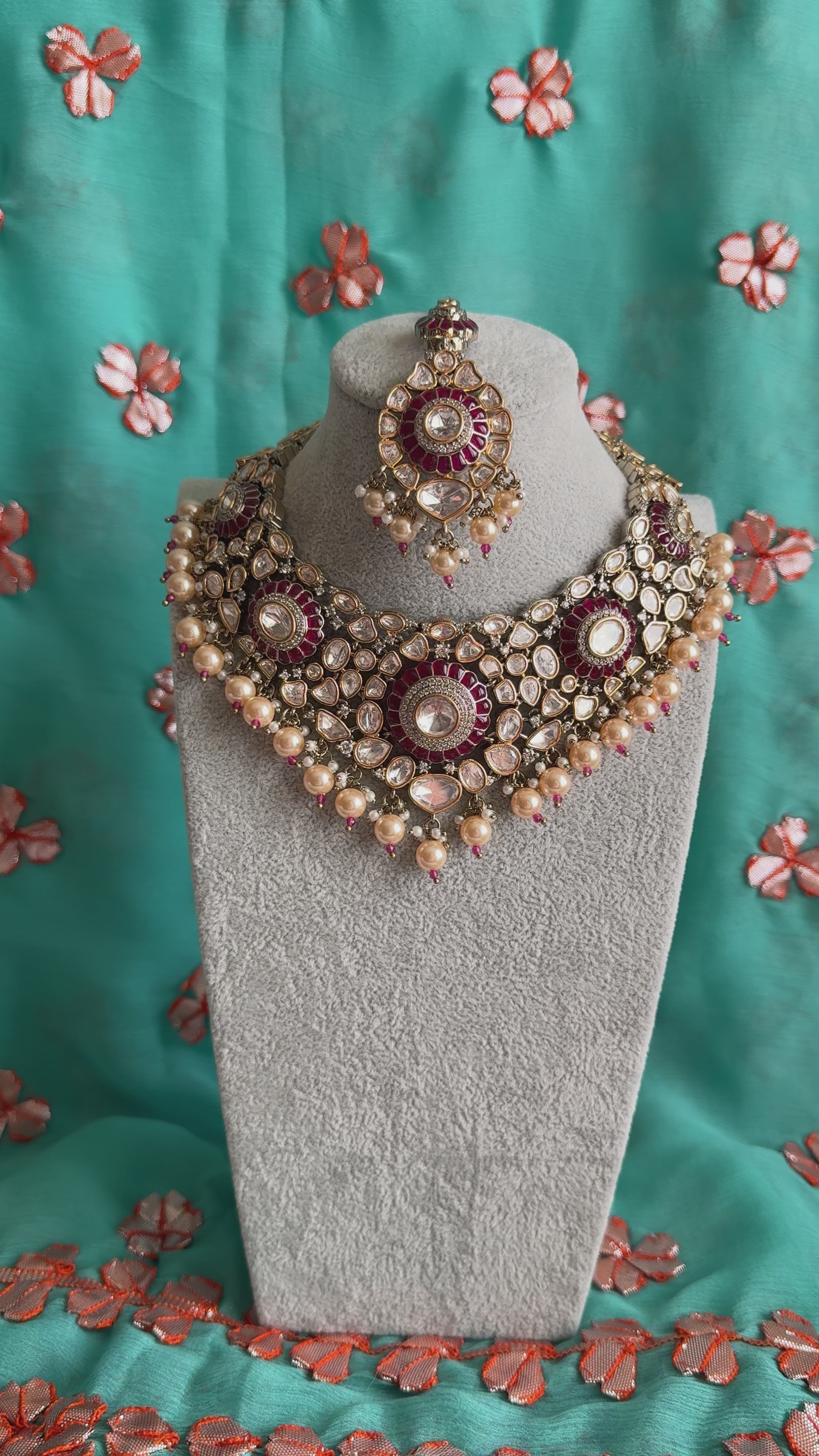 Kundan Necklace w/ White Pearls, Matching Tikka & Earrings