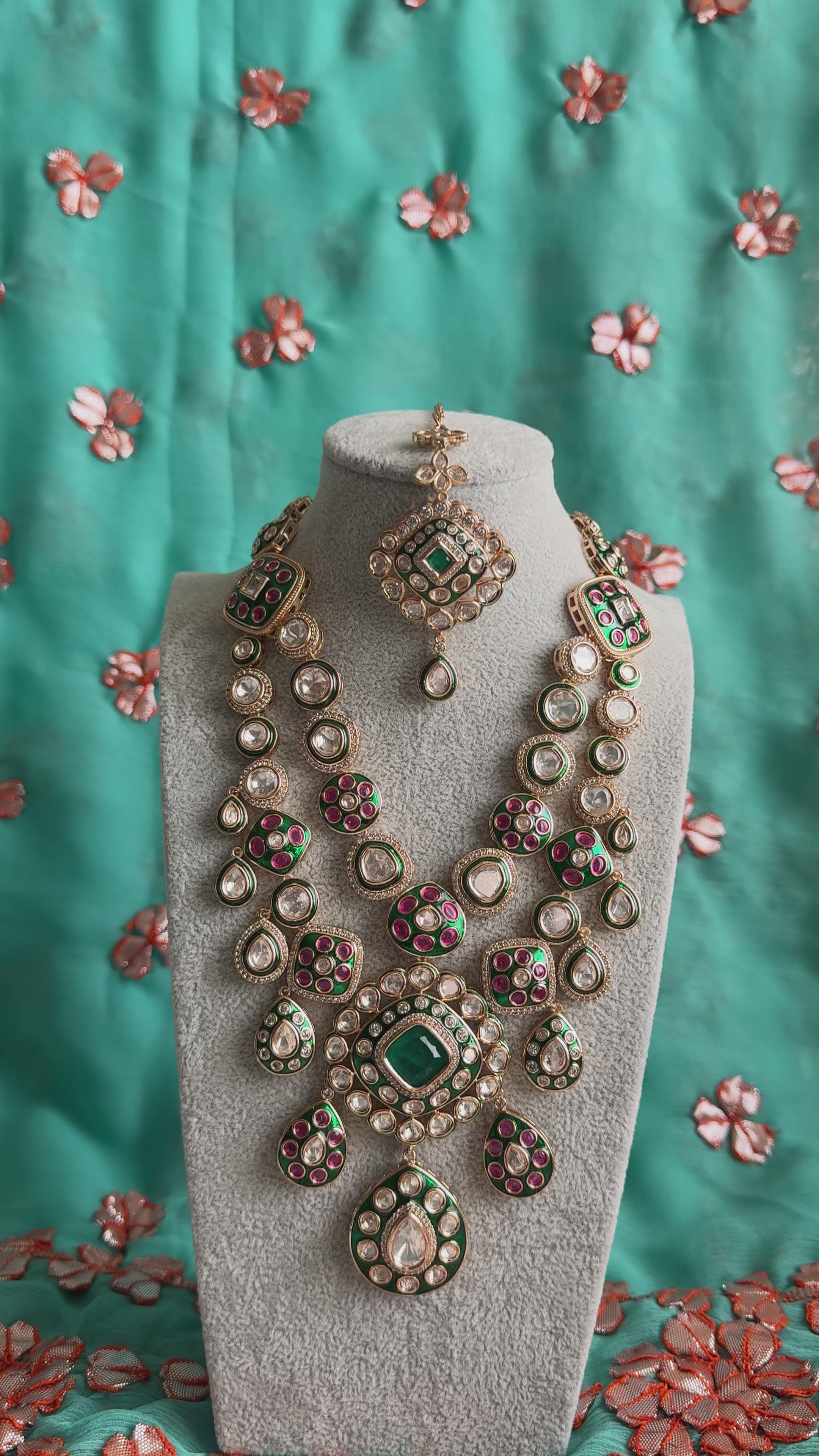 Kundan necklace with green & pink detailing w/ matching tikka & earrings